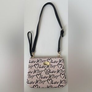 Betsey Johnson Black and Pink Script Clutch | Shoulder Bag